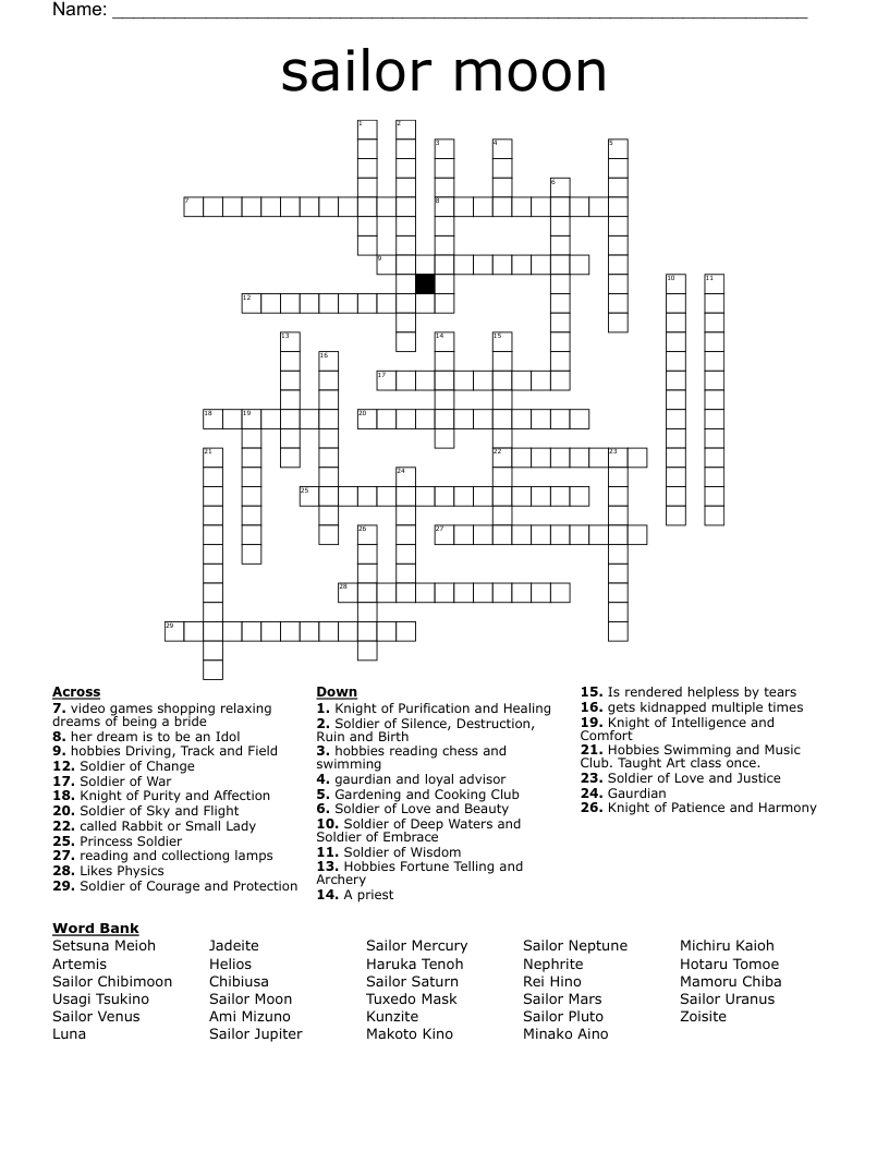 Sailor Moon Crossword WordMint Sailor Moon Crossword WordMint