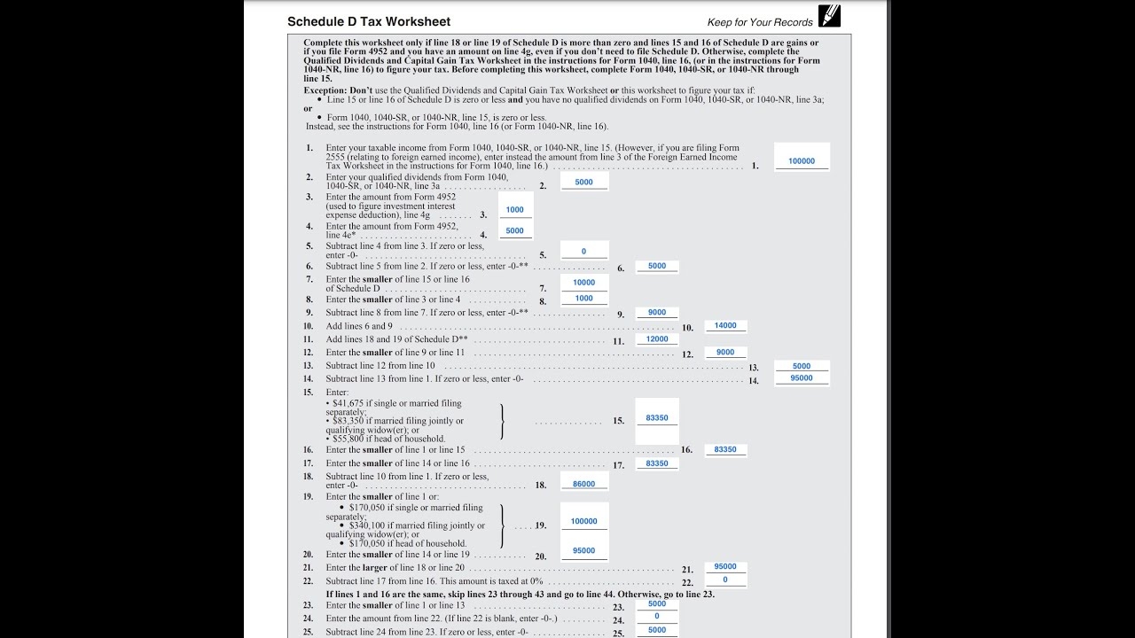 Schedule D Tax Worksheet Walkthrough YouTube