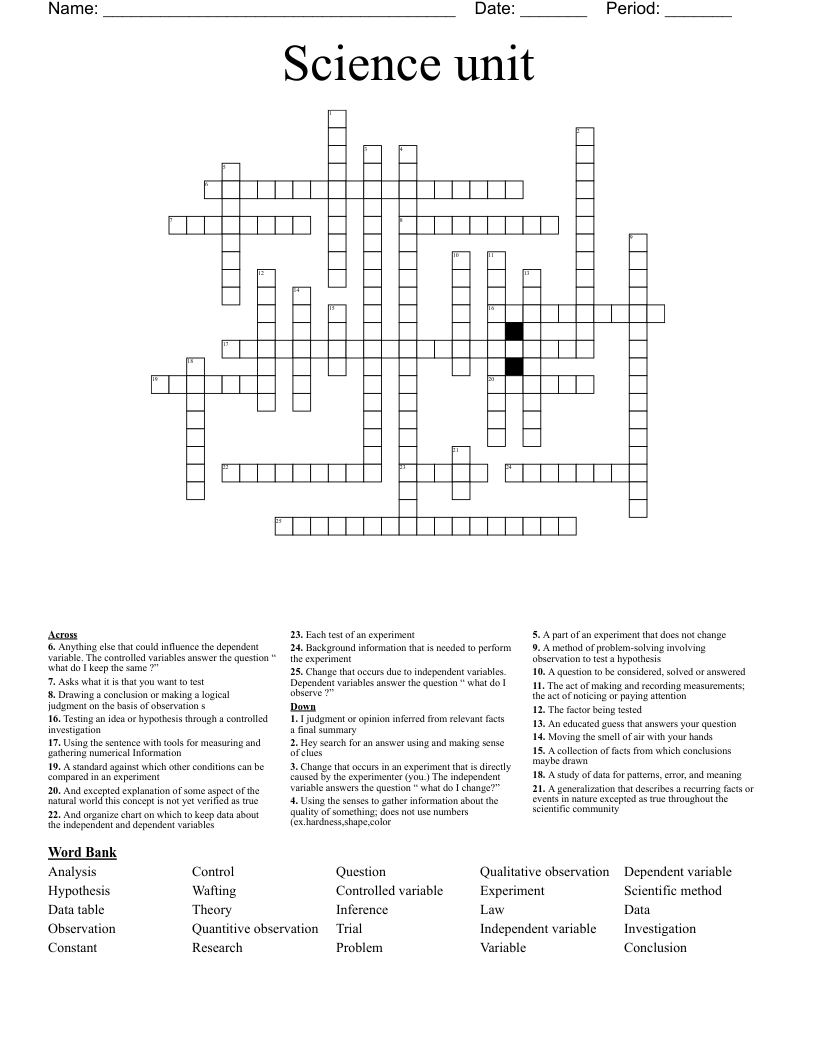 Science Unit Crossword WordMint Science Unit Crossword WordMint