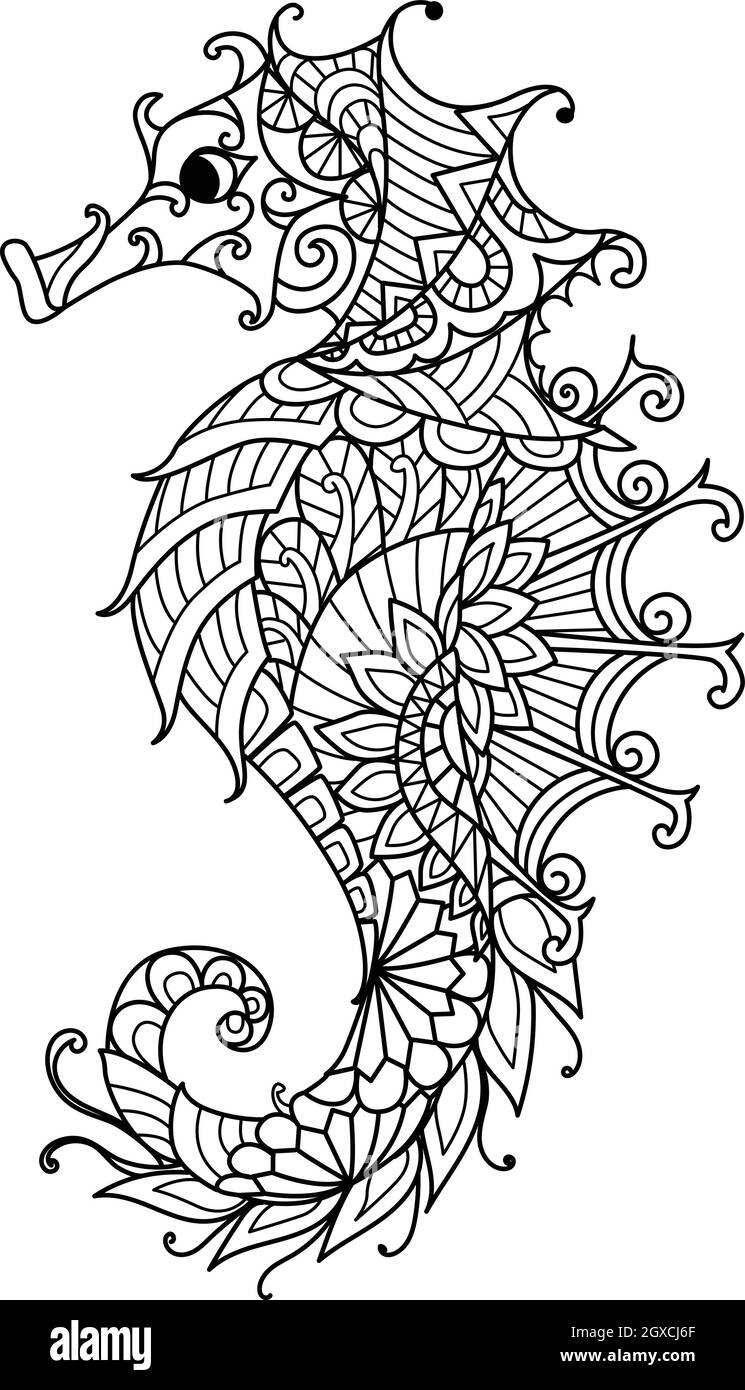 Seahorse For Coloring Book Coloring Page For Adult Or Print On Product Vector Illustration Stock Vector Image Art Alamy