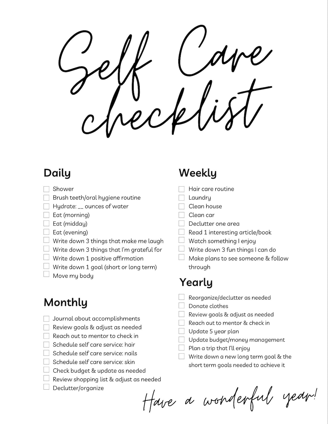 Self Care Checklist Etsy