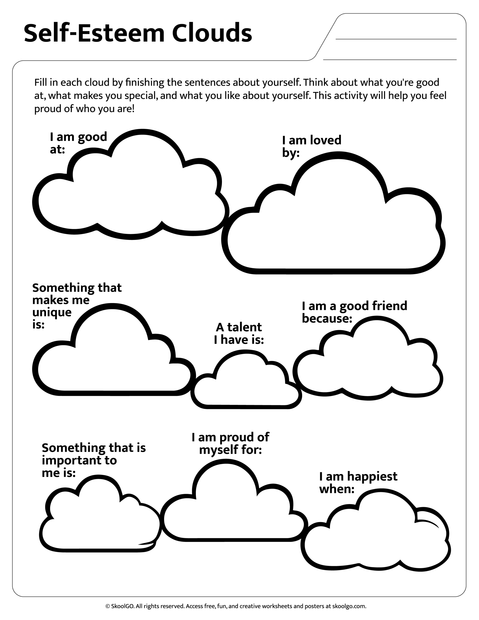Self Esteem Clouds Free Printable For Grades 1 3 SKOOLGO