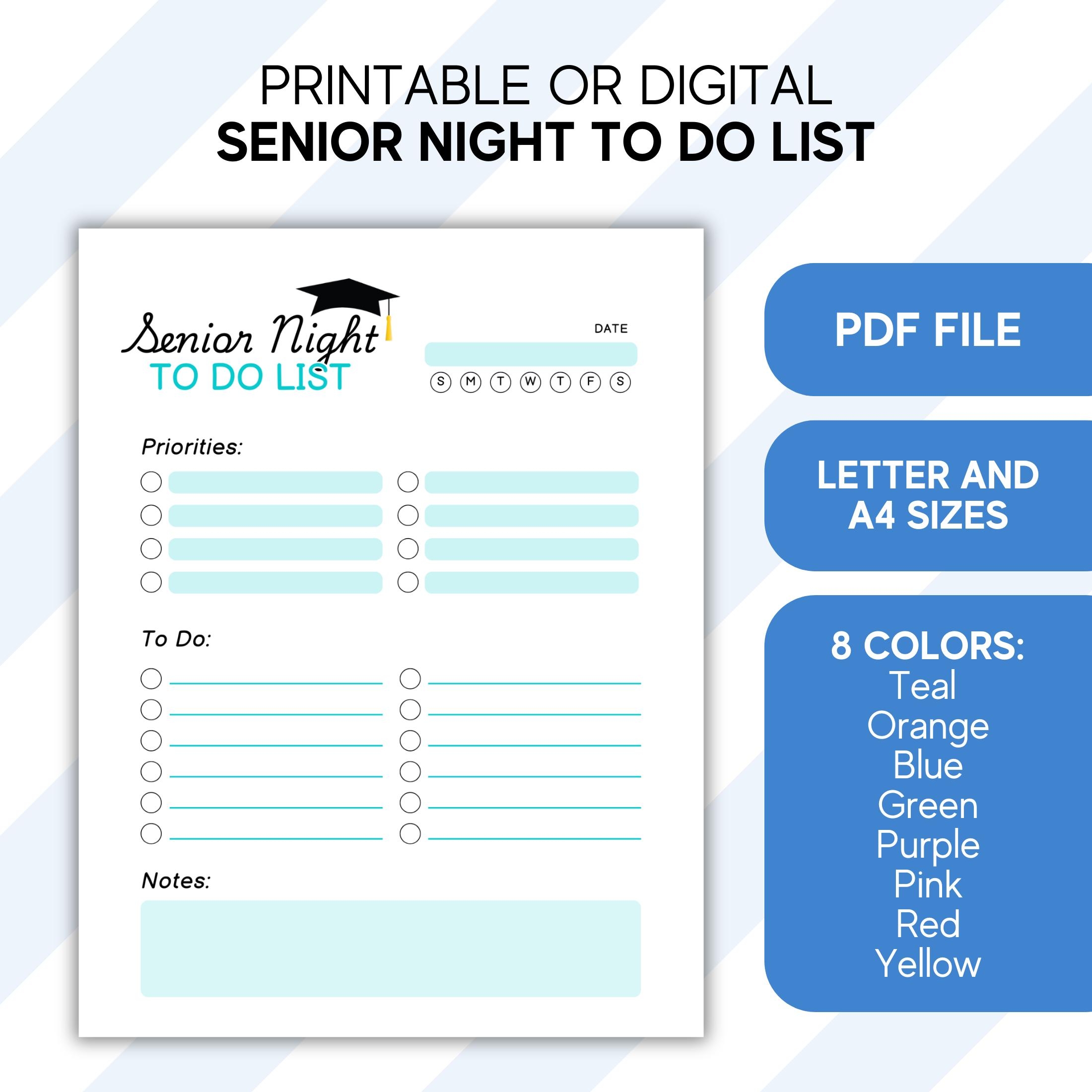 Senior Night Checklist PDF Digital Printable To Do List For Senior Night 2 Sizes And 8 Colors Etsy