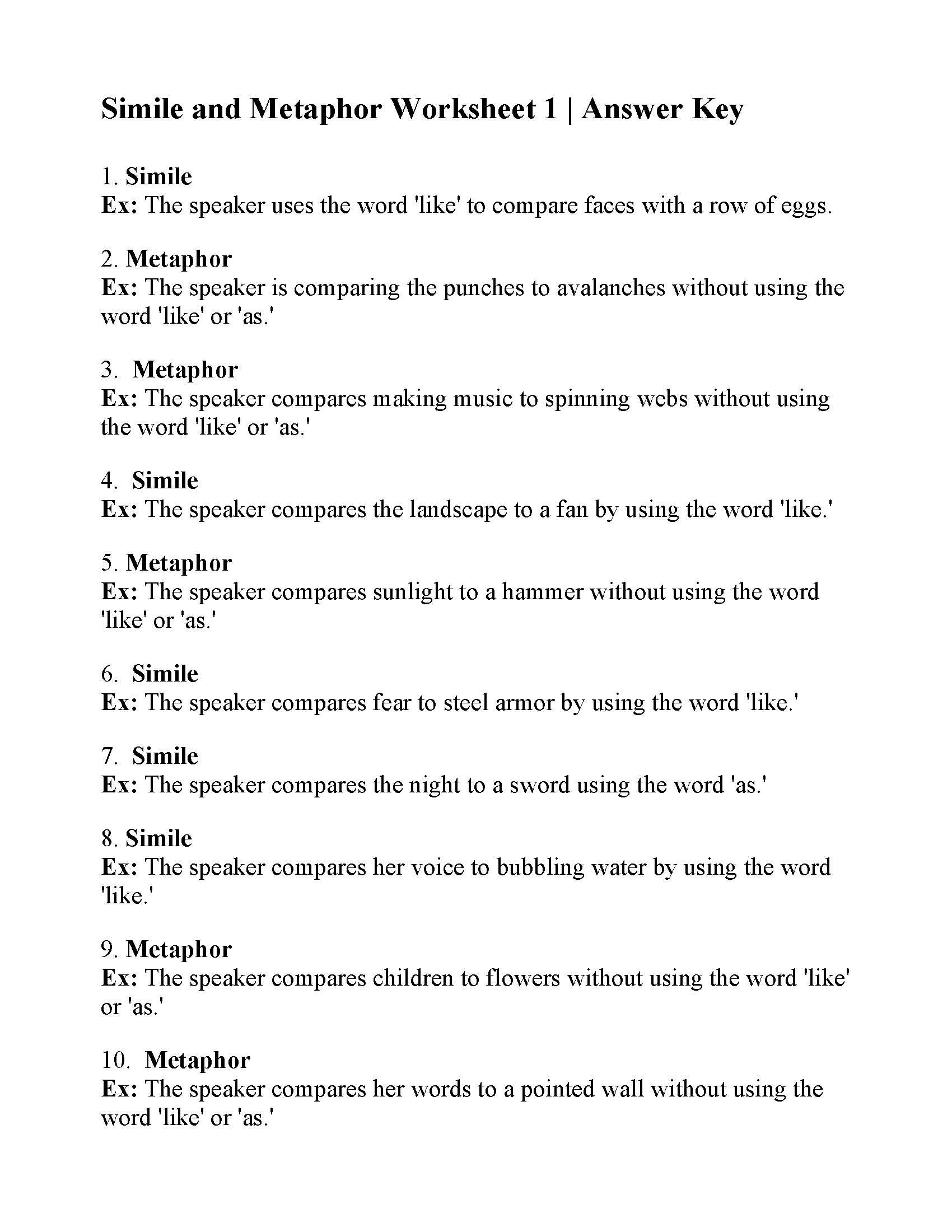 Simile And Metaphor Worksheet 1 Figurative Language Activity