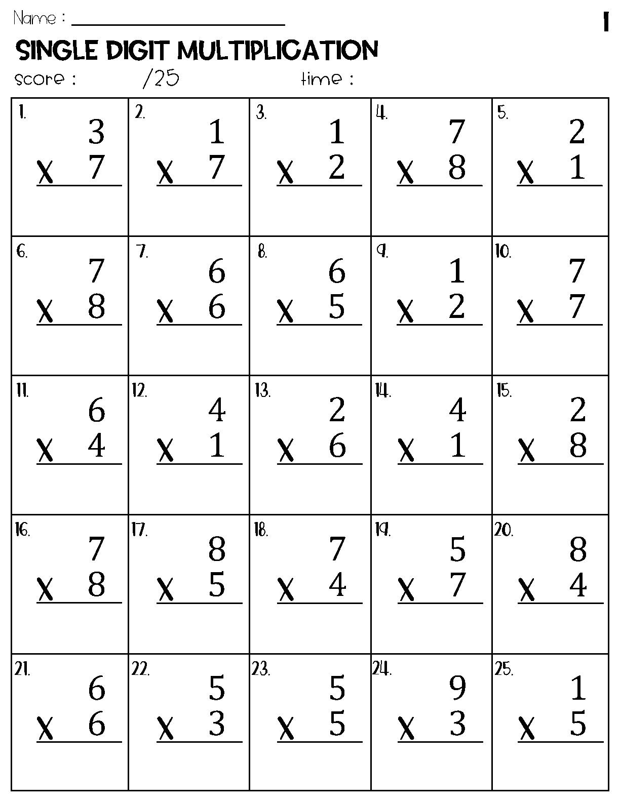 Single Digit Multiplication Worksheets Etsy