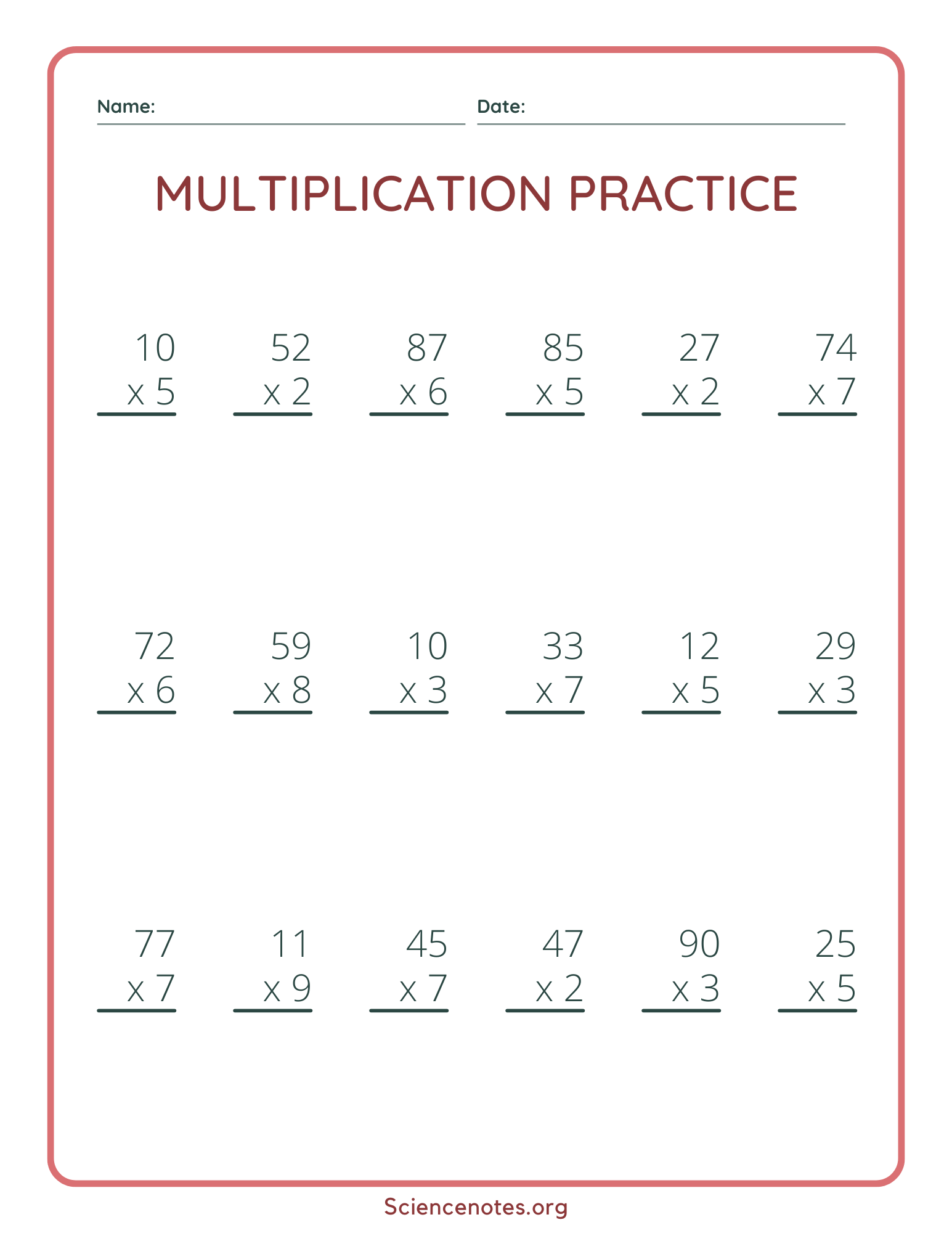 Single Digit Multiplication Worksheets