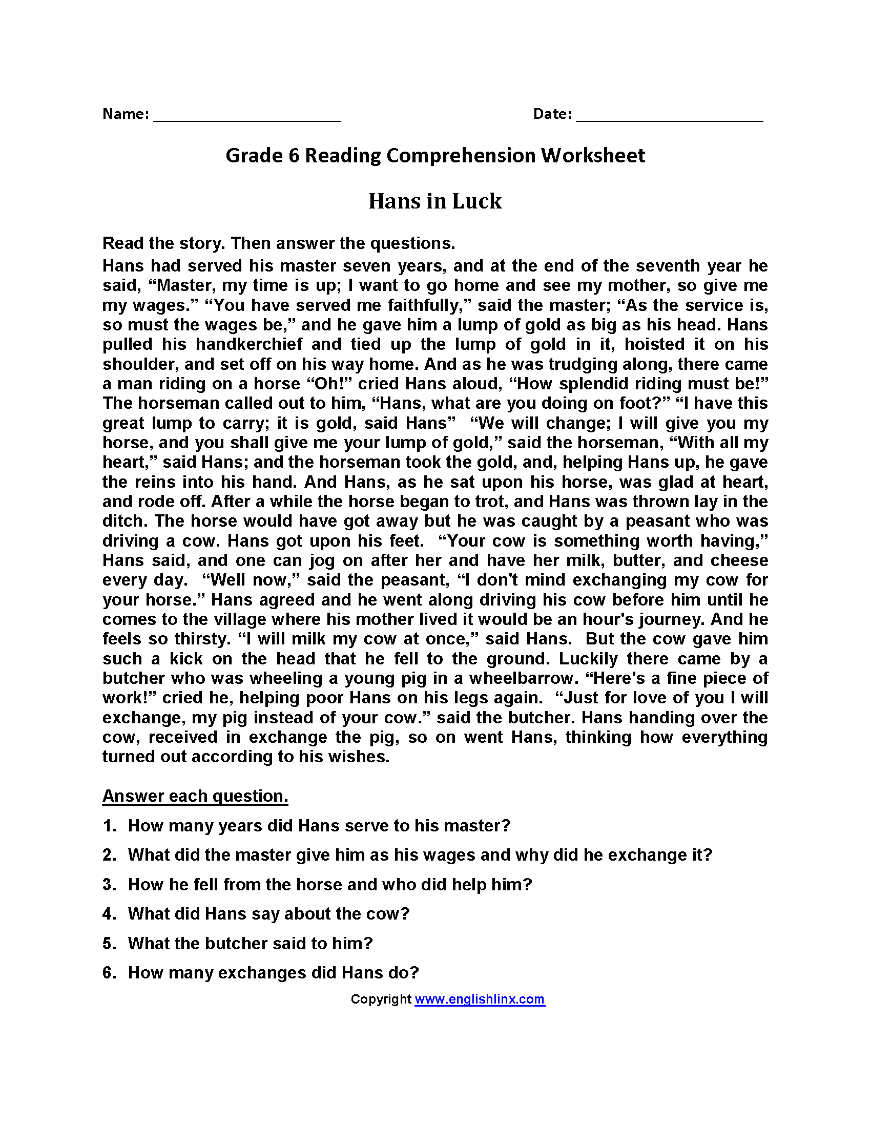 Sixth Grade Reading Worksheets Vocabulary Fluency Practice PDF 