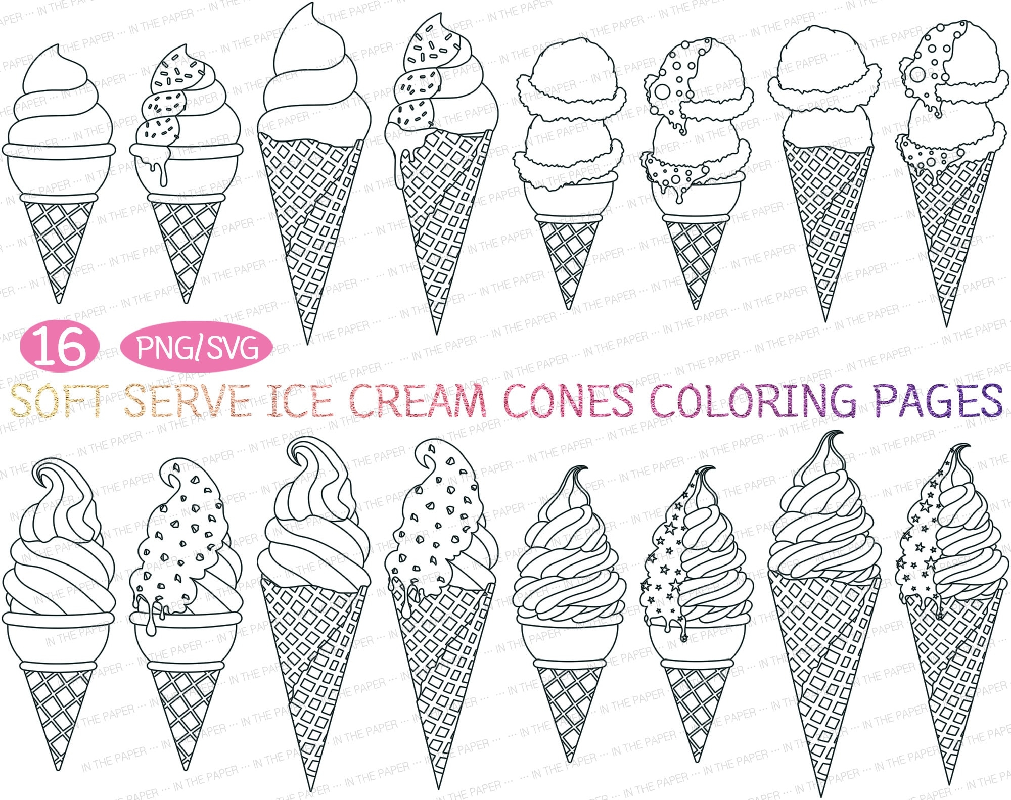 Soft Serve Ice Cream Coloring Paper Waffle Cone Outline Clipart Syrup Sprinkles Chocolate Drizzle Dessert Summer PNG SVG Line Treats Kid Etsy