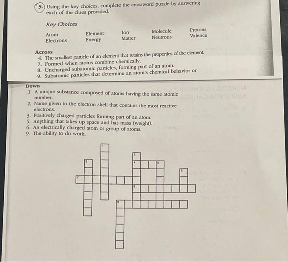 complete the crossword puzzle below science