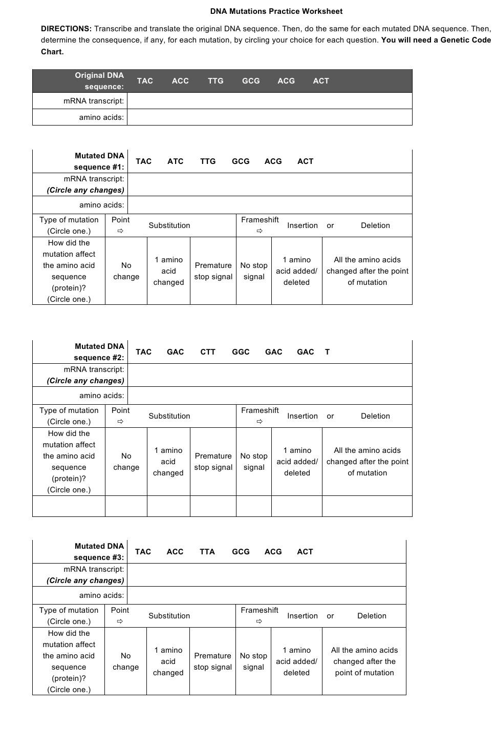 Solved DNA Mutations Practice Worksheet DIRECTIONS Chegg