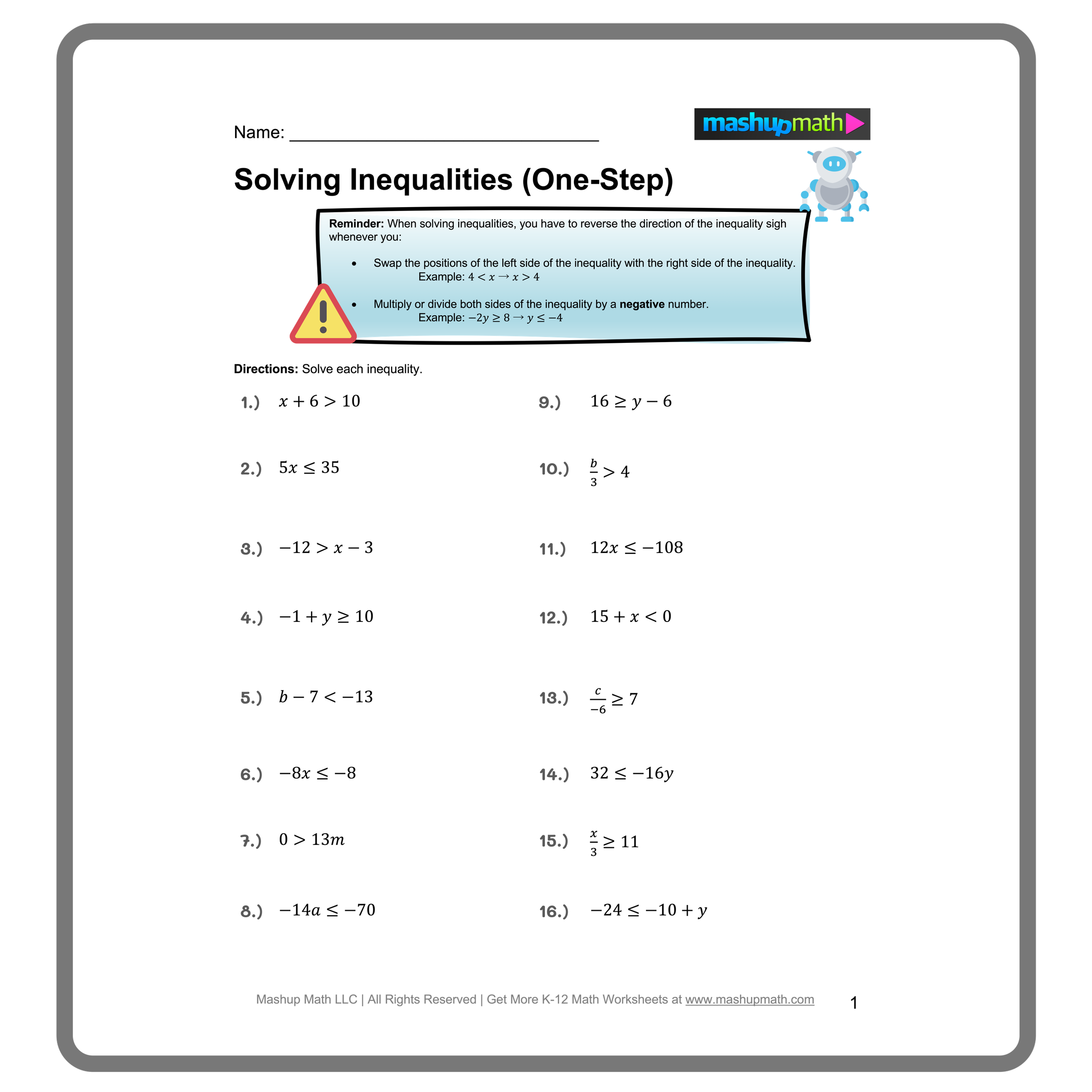 Solving Inequalities Worksheets Printable With Answers Mashup Math
