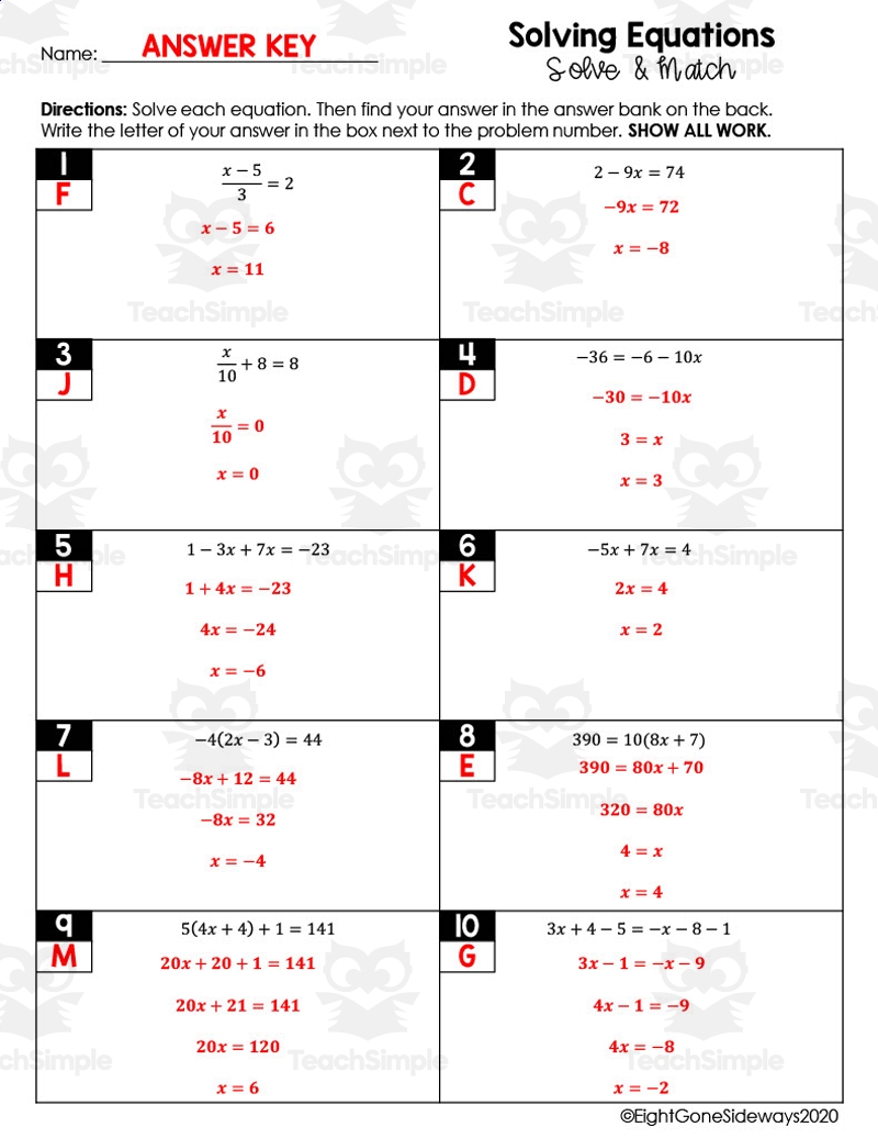 solving linear equations worksheet