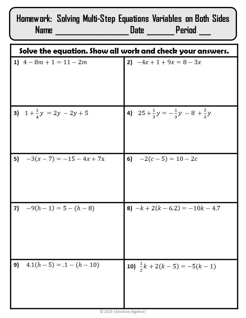 solving multi step equations worksheets pdf