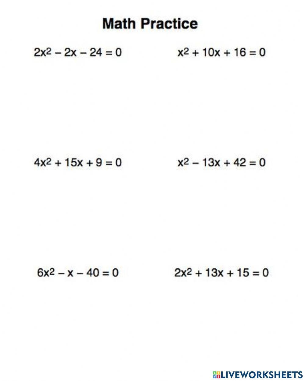 solving quadratics by factoring worksheet