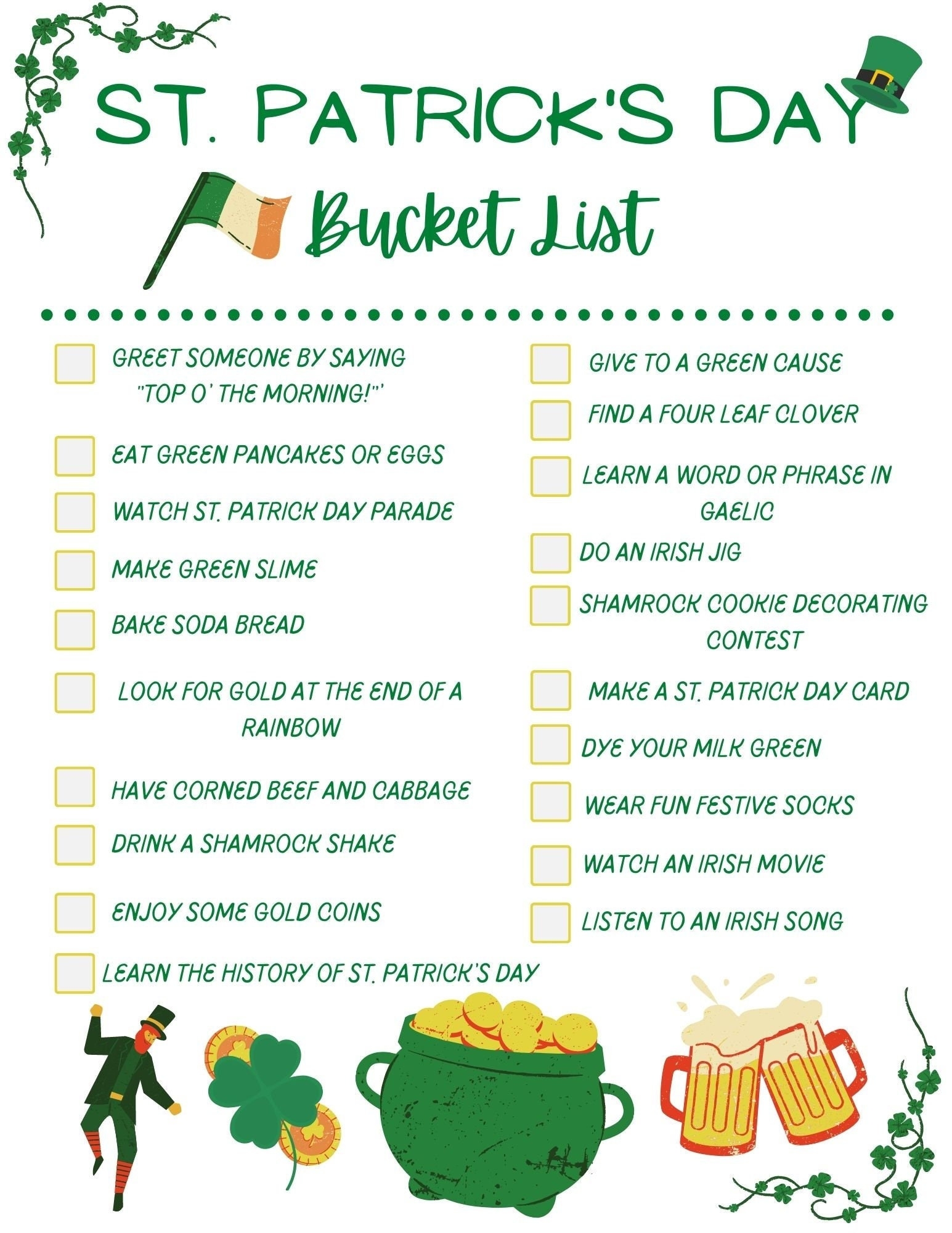 St Patrick s Day Bucket List St Patricks Day To Do List Family Fun To Do List St Patricks Day St Patricks Day Checklist editable PDF Etsy