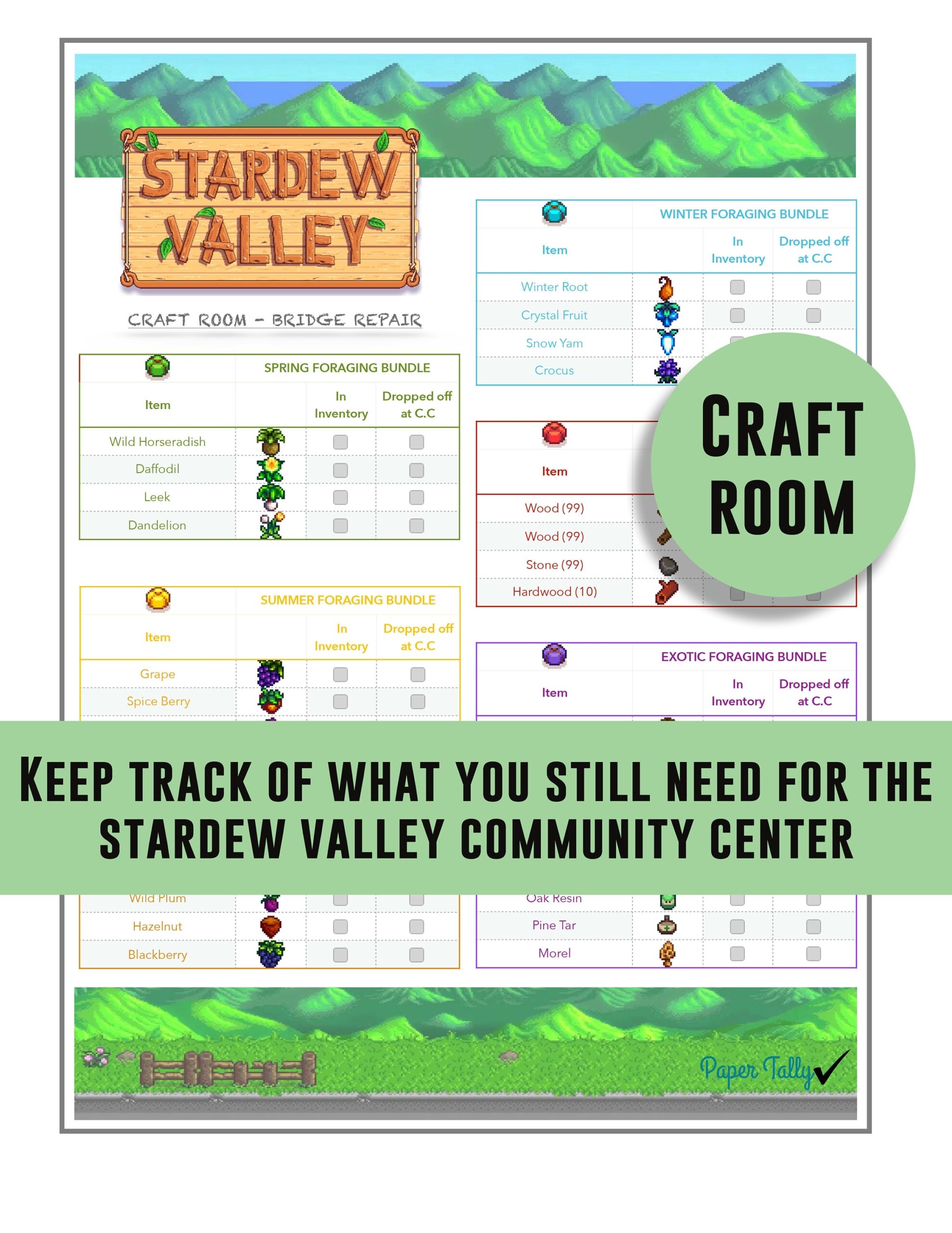 Stardew Valley Checklist Craft Room Community Center Items Tracking List Game Check List Item List Etsy