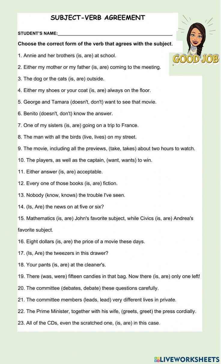 Subject verb Agreement Worksheet For LEVEL 8