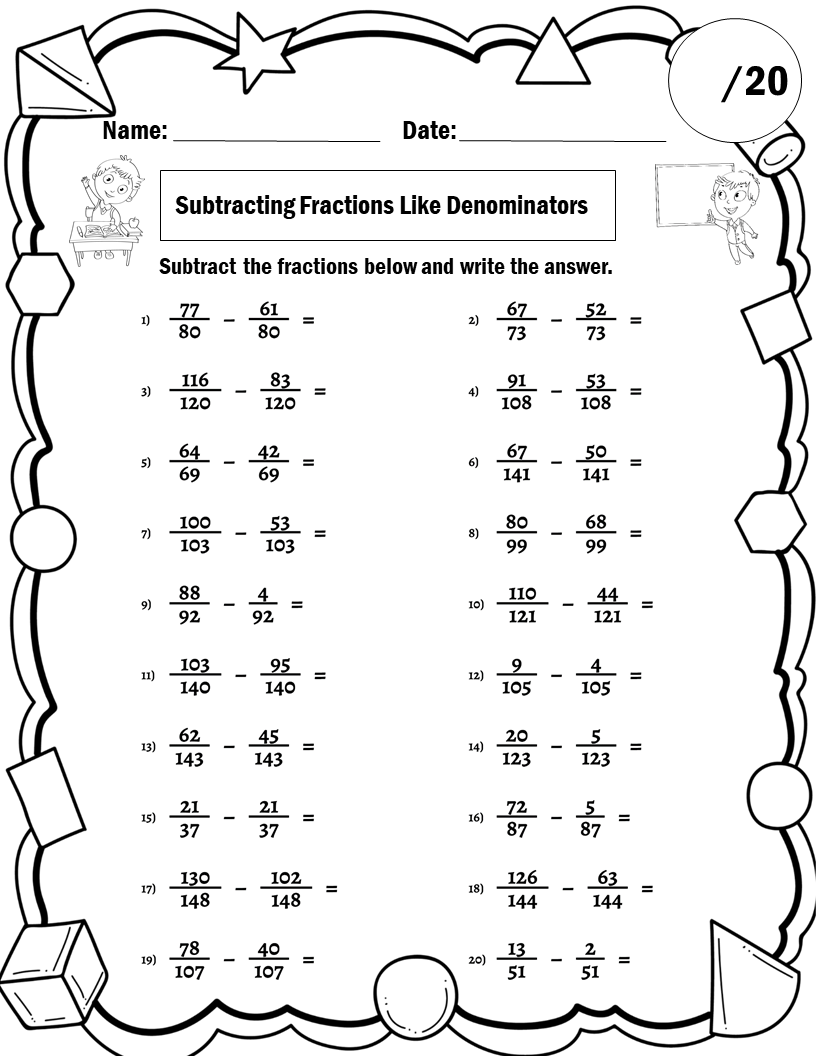 Subtract Fractions Worksheets For 5th 6th Grade Like Denominators Made By Teachers