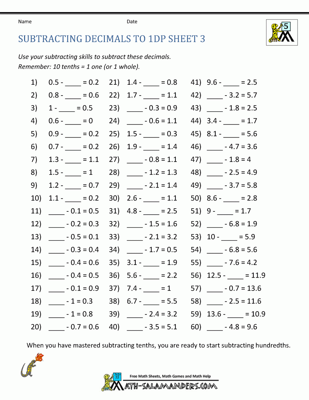 decimal addition and subtraction worksheets