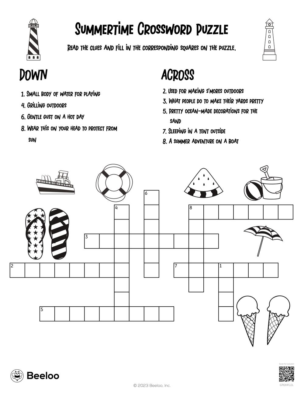 Summertime Crossword Puzzle Beeloo Printable Crafts And Activities For Kids