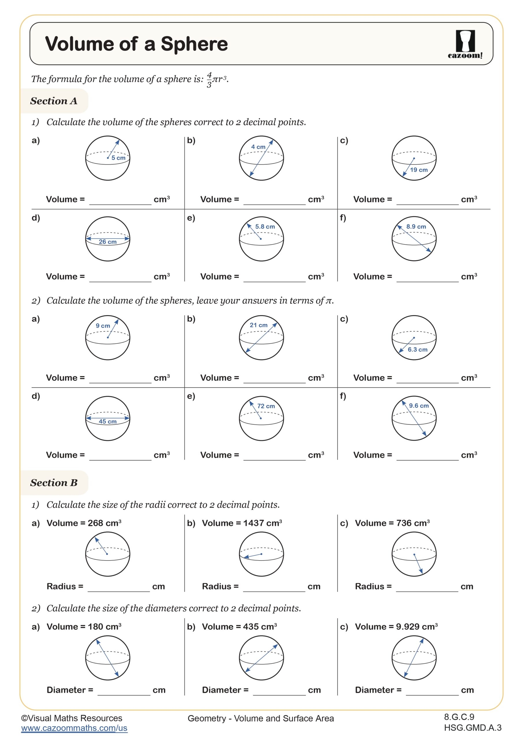 volume and surface area worksheets