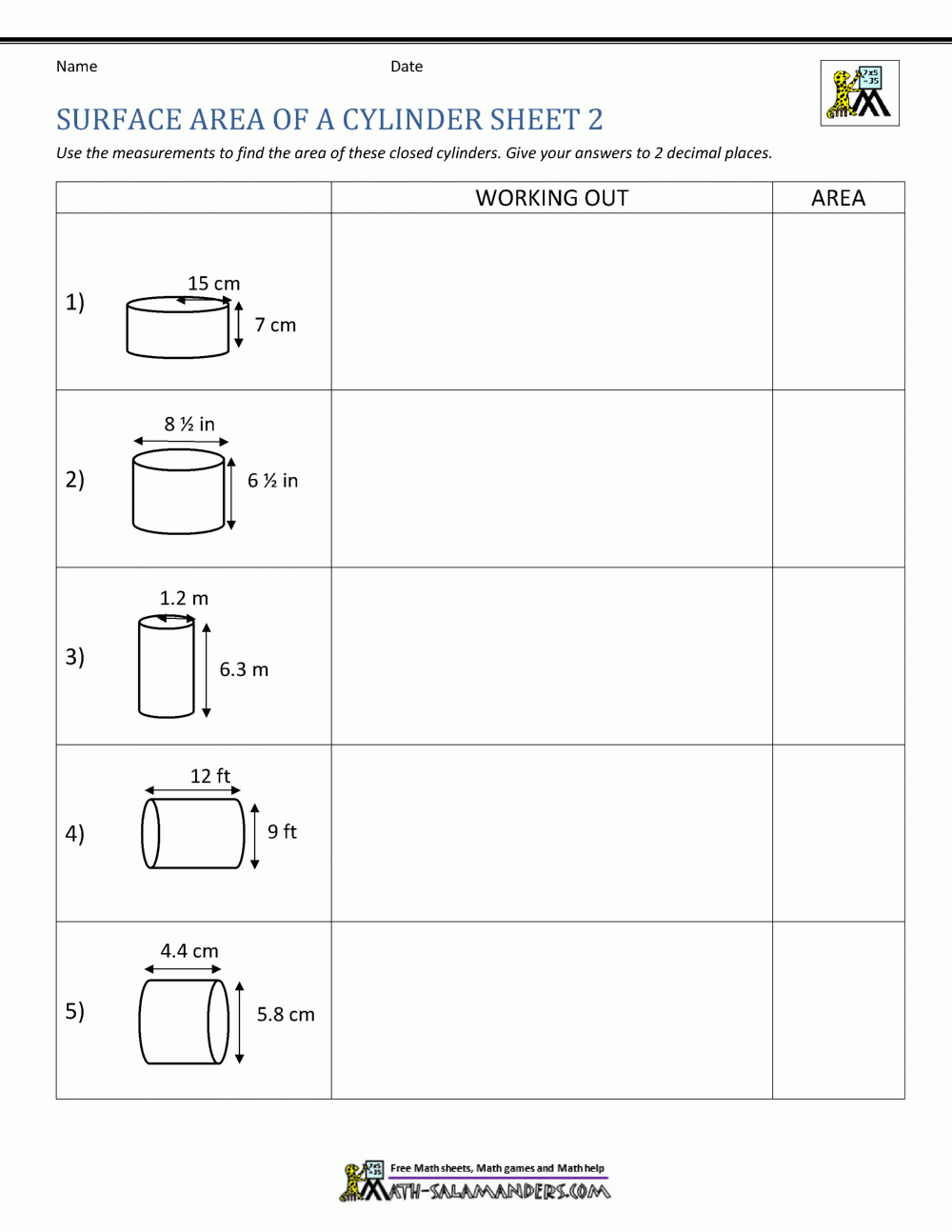 volume of a cylinder worksheet