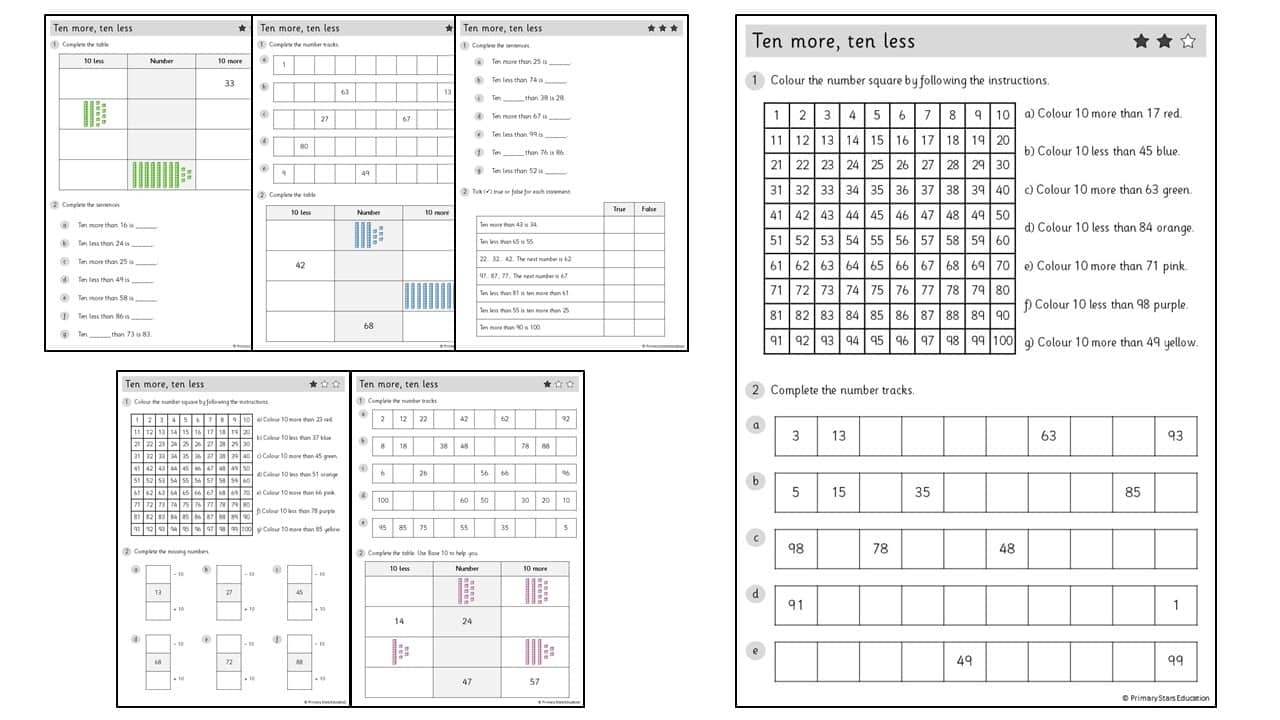 10 more ten less worksheets