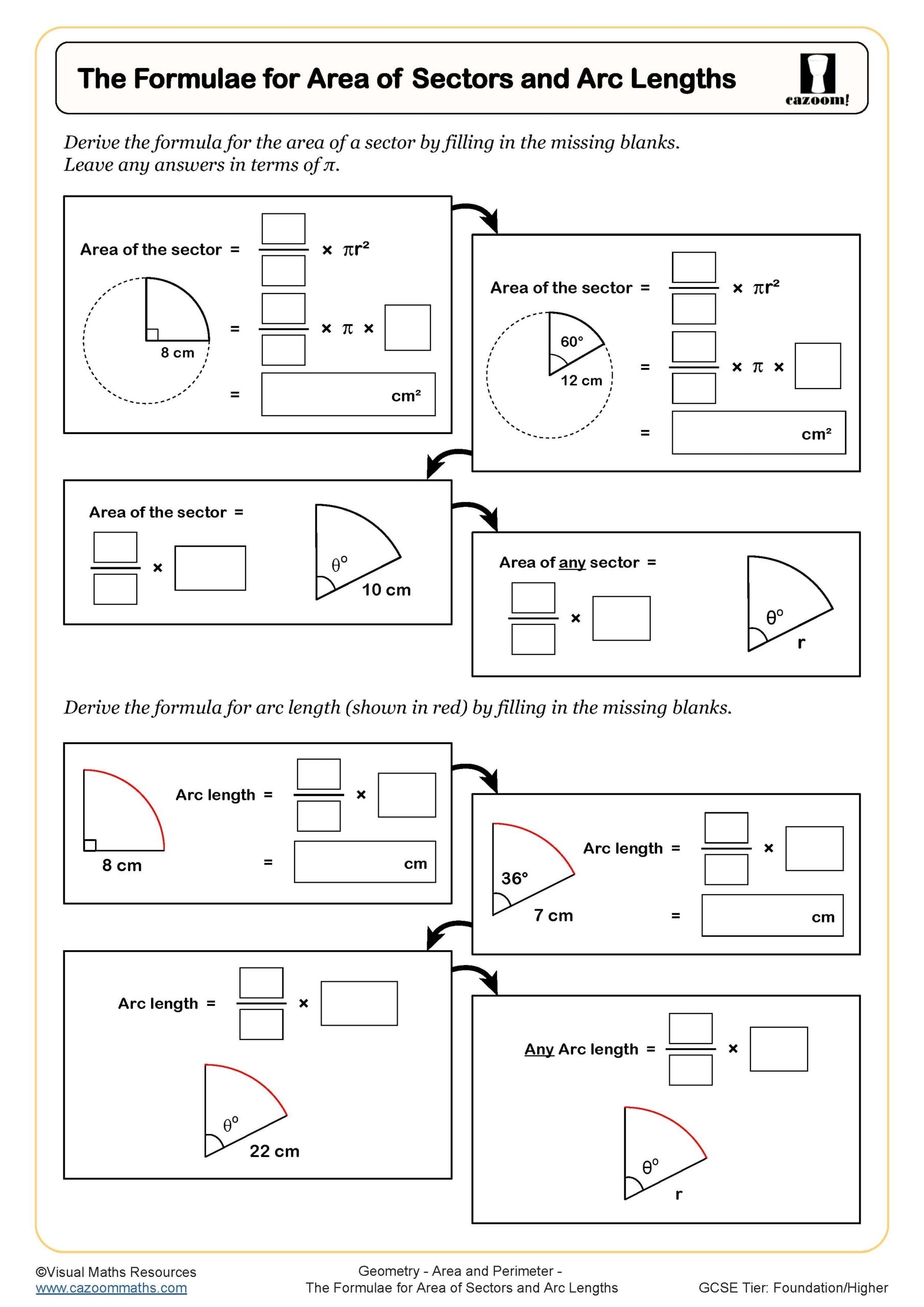 The Formulae For Area Of Sectors And Arc Lengths Worksheet Printable Maths Worksheets The Formulae For Area Of Sectors And Arc Lengths Worksheet Printable Maths Worksheets