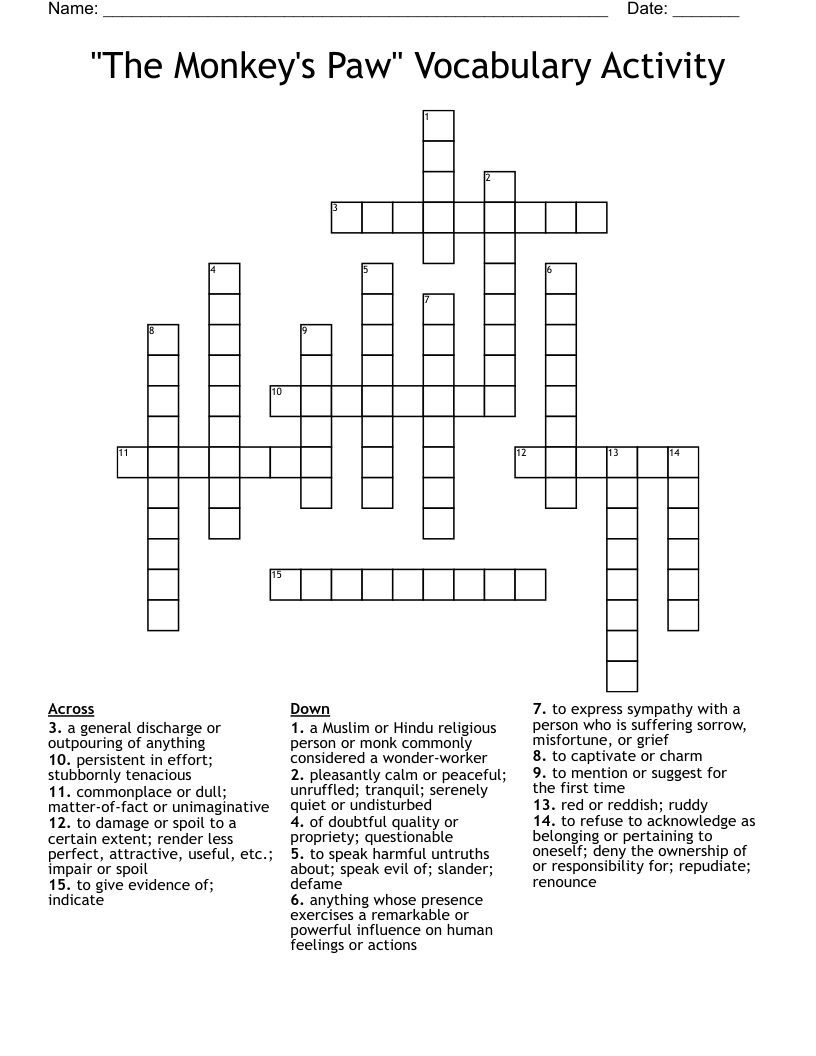 The Monkey s Paw Vocabulary Activity Crossword WordMint