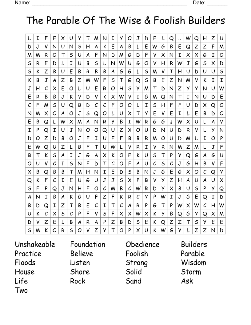 The Parable Of The Wise Foolish Builders Word Search WordMint The Parable Of The Wise Foolish Builders Word Search WordMint