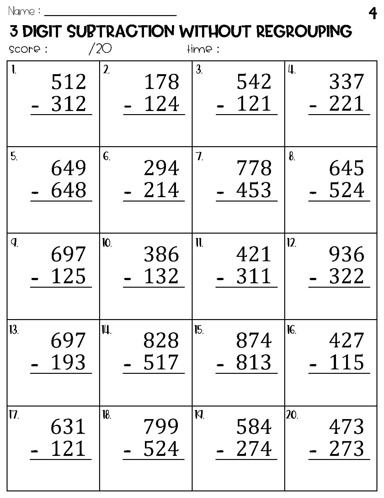 Three Digit Subtraction Without Regrouping Worksheets Etsy