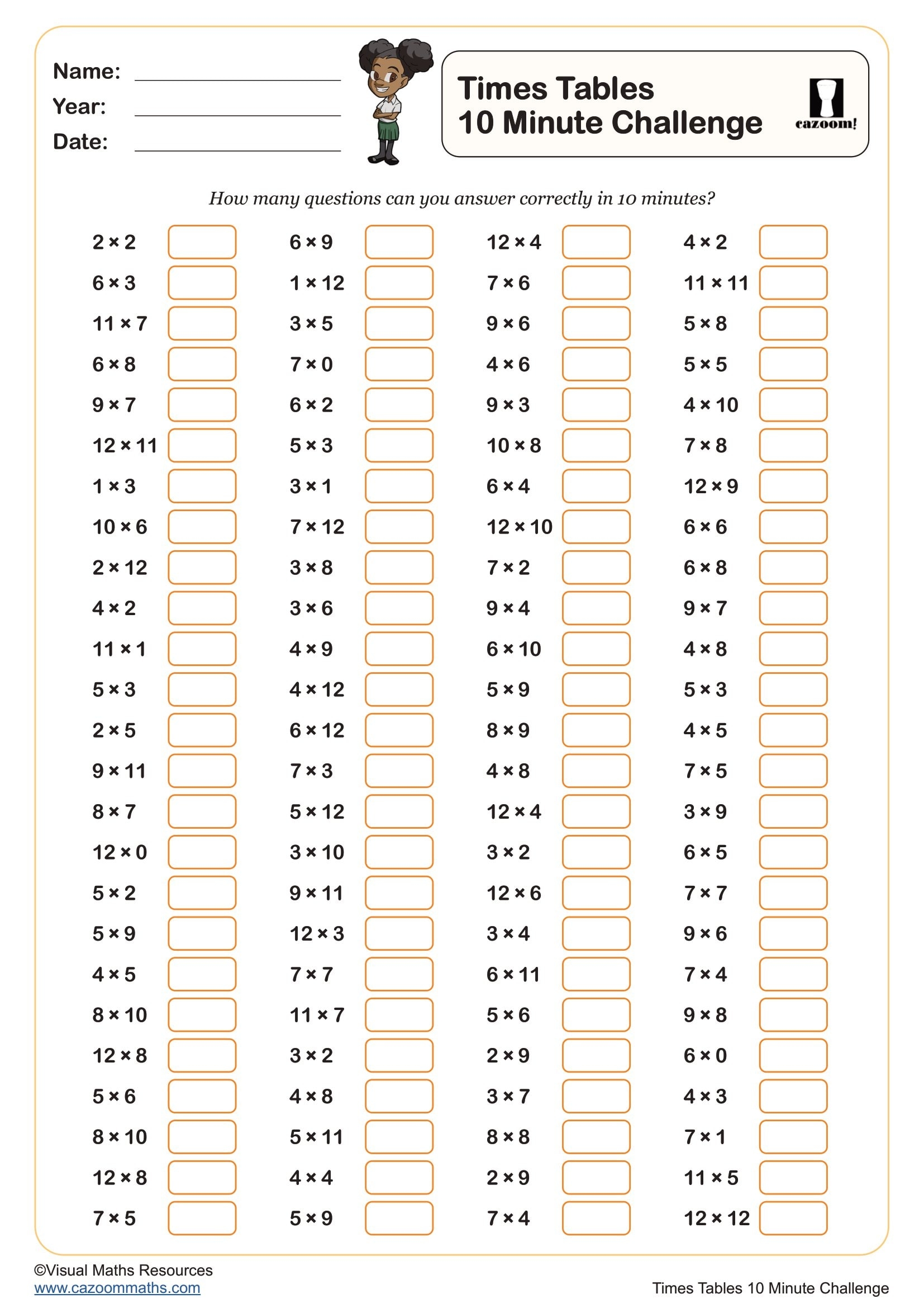 Times Tables 10 Minute Challenge Worksheet Fun And Engaging Year 4 Multiplication And Division Worksheet