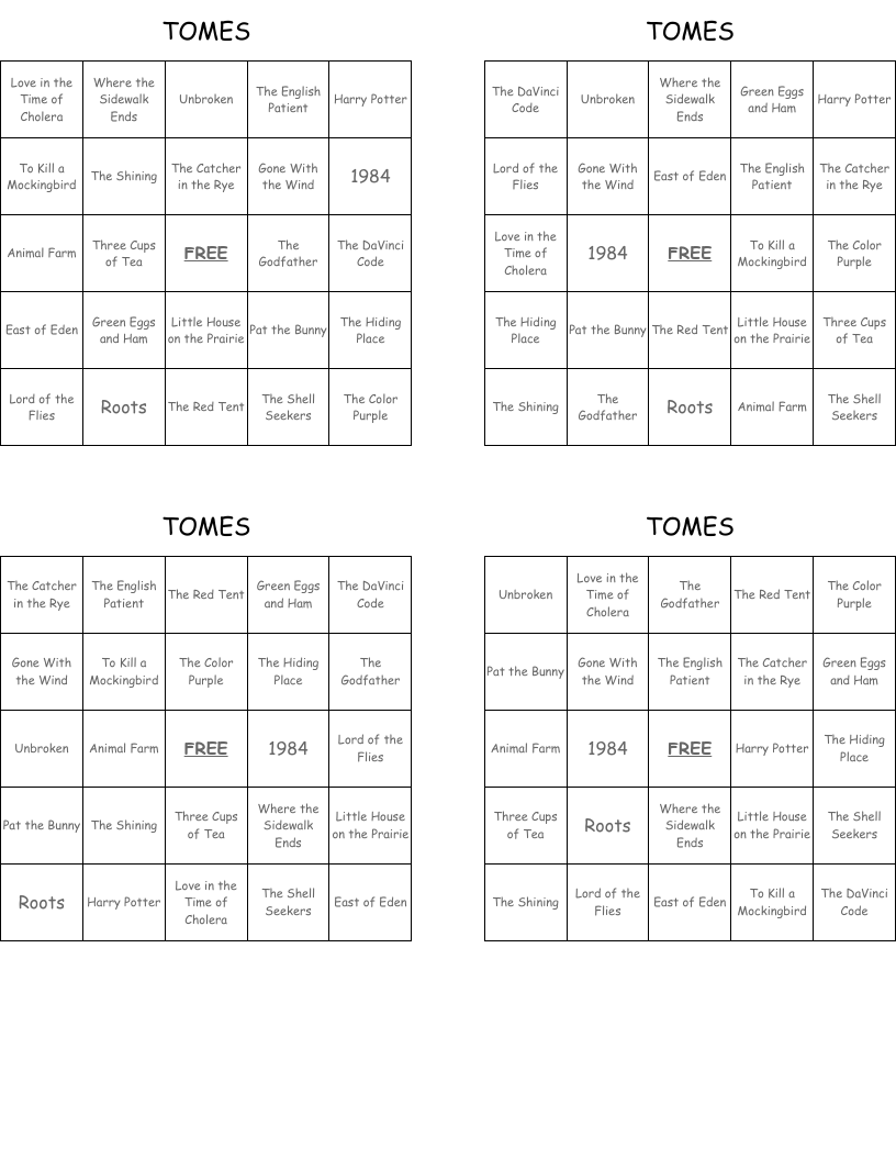 TOMES Bingo Cards WordMint TOMES Bingo Cards WordMint