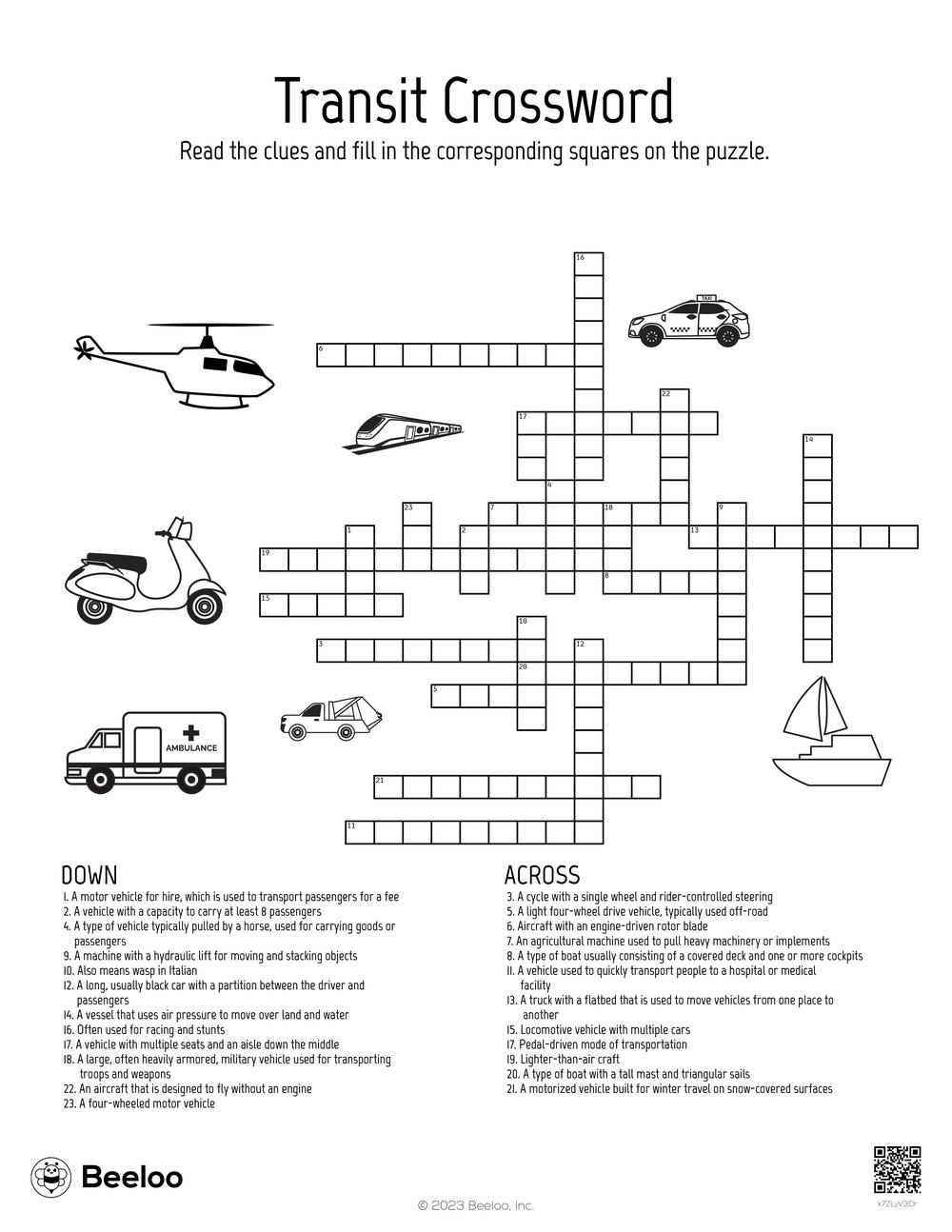 Transit Crossword Beeloo Printable Crafts And Activities For Kids