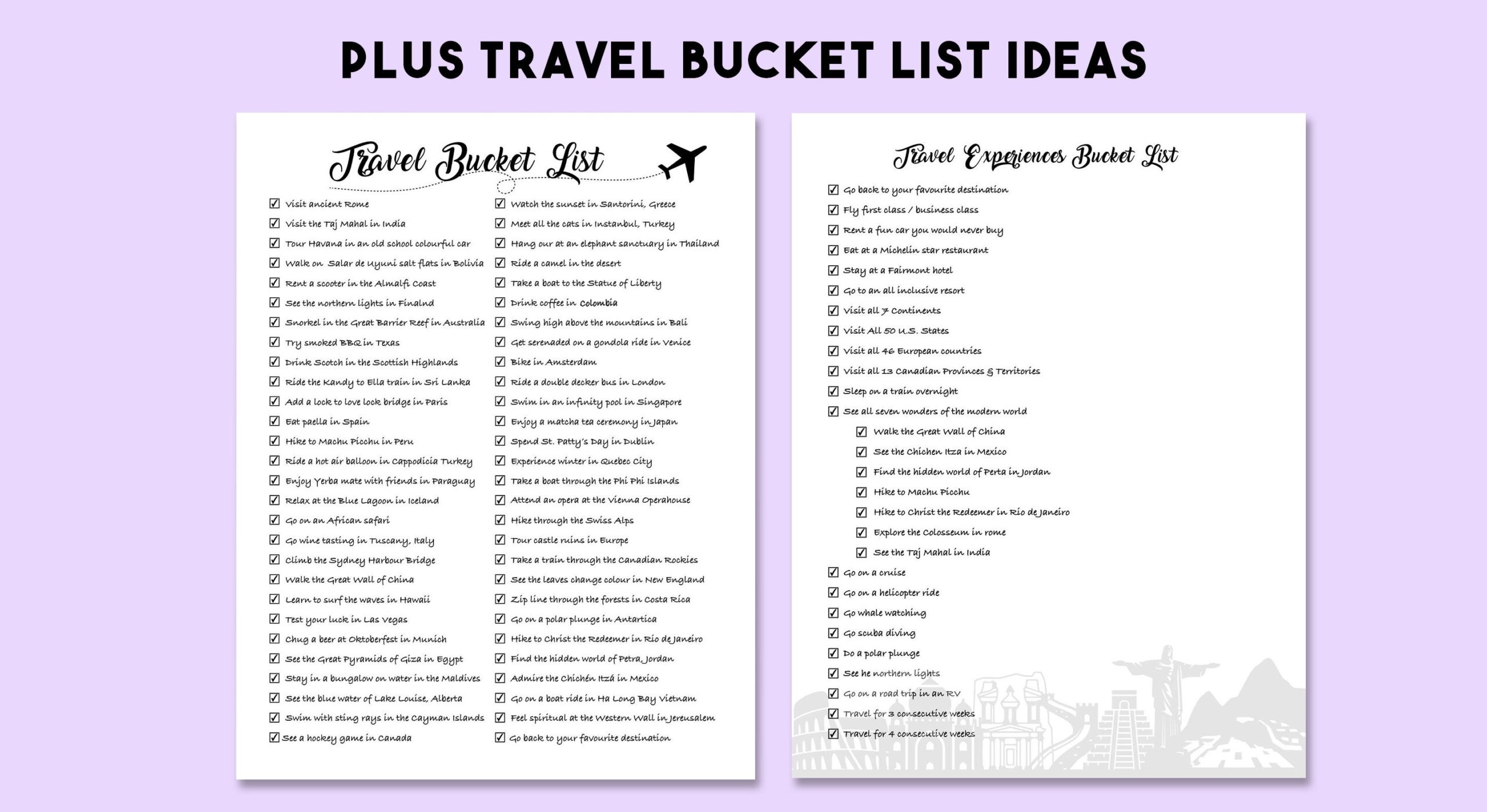Travel Bucket List Bundle Printable Checklist Blank Templates editable And Printable Etsy