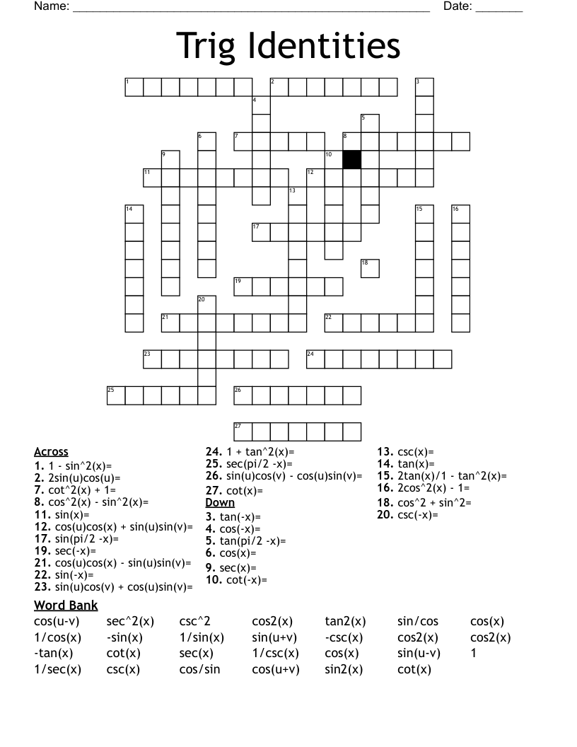 Trig Identities Crossword WordMint Trig Identities Crossword WordMint
