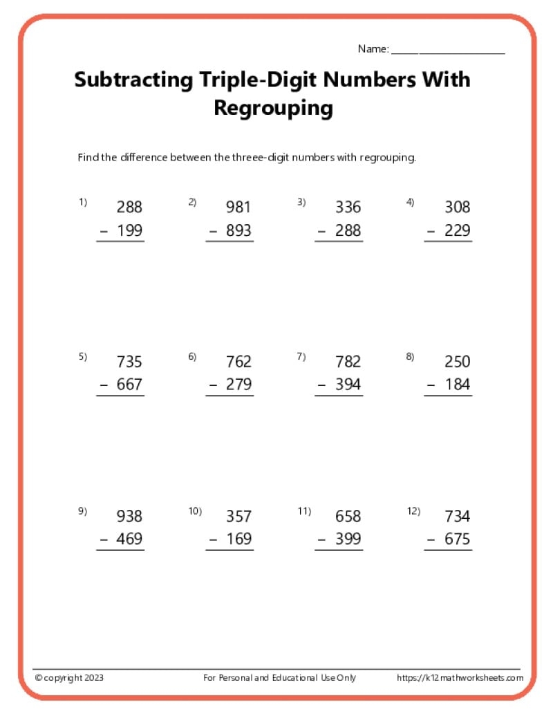 Triple Digit Subtraction With Regrouping Worksheets