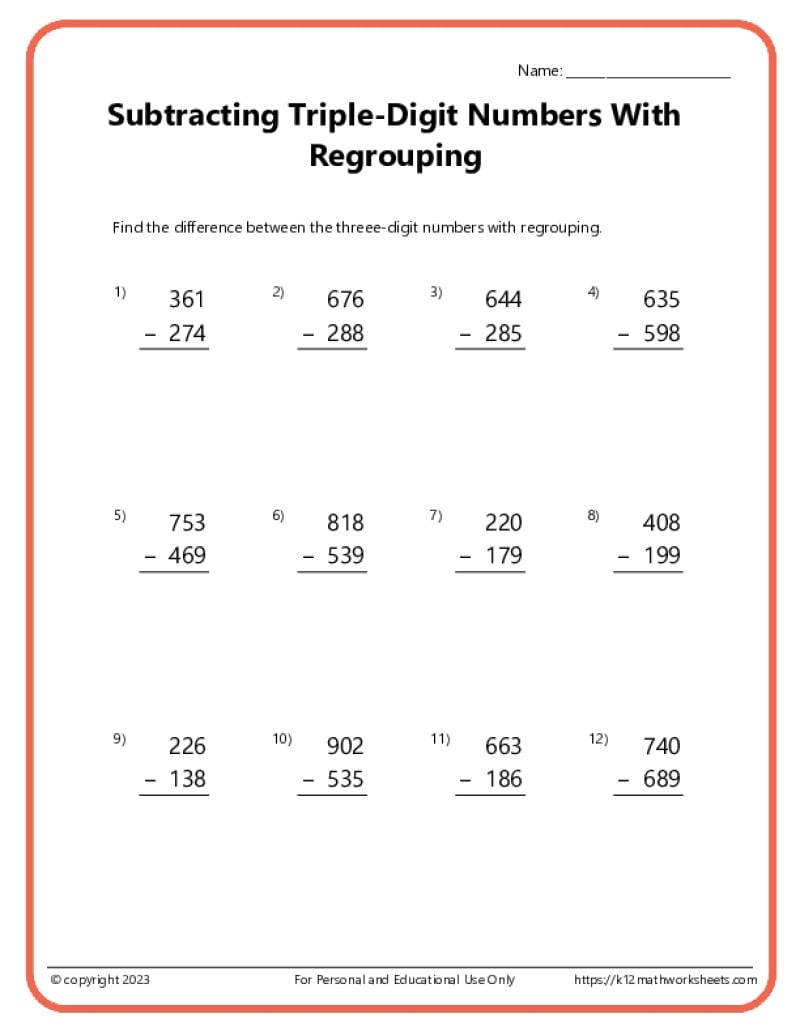 Triple Digit Subtraction With Regrouping Worksheets Triple Digit Subtraction With Regrouping Worksheets