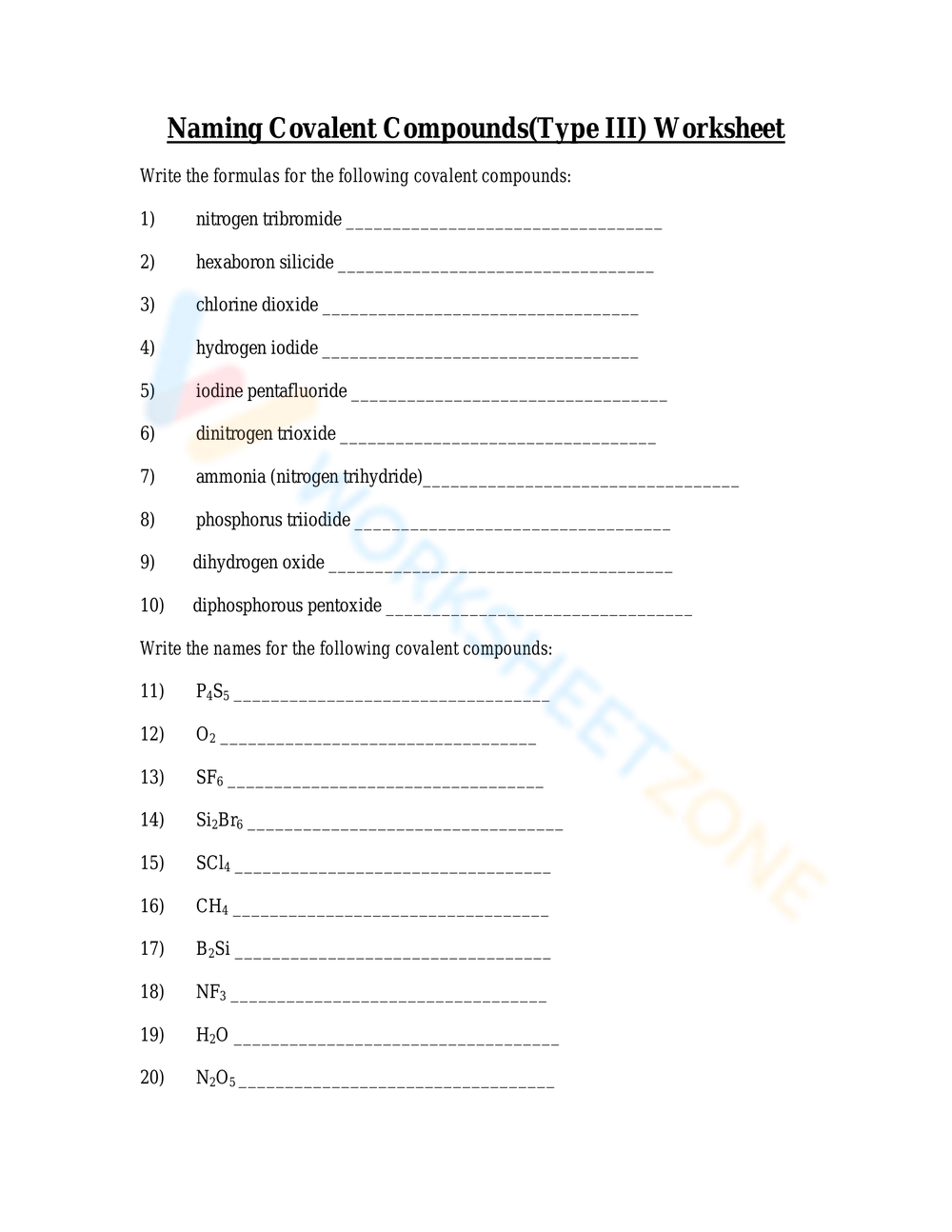 Type III Covalent Compounds Worksheet