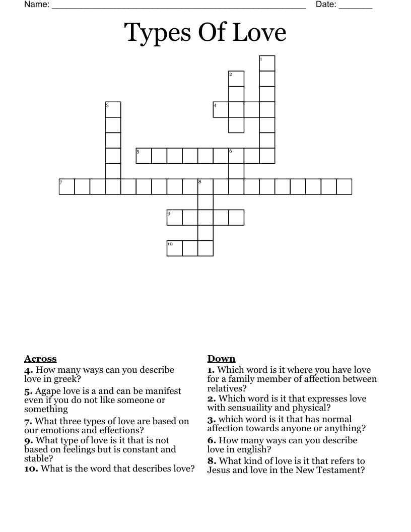 Types Of Love Crossword WordMint