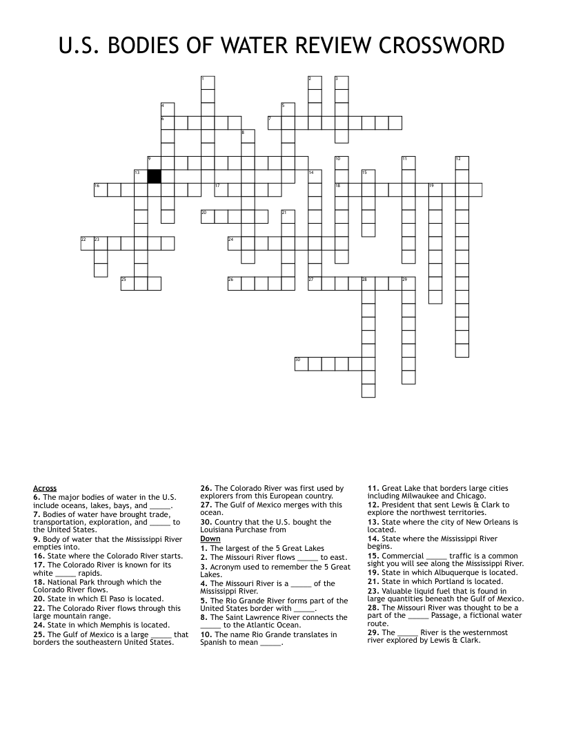 U S BODIES OF WATER REVIEW CROSSWORD WordMint U S BODIES OF WATER REVIEW CROSSWORD WordMint