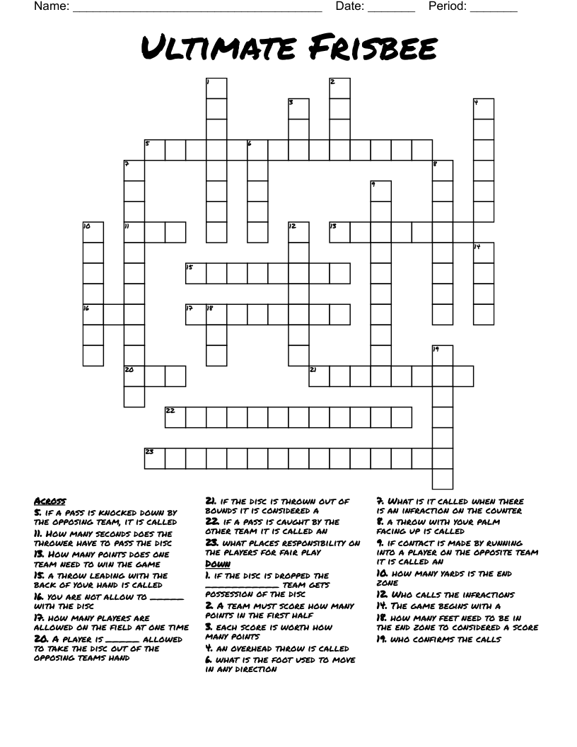 Ultimate Frisbee Crossword WordMint