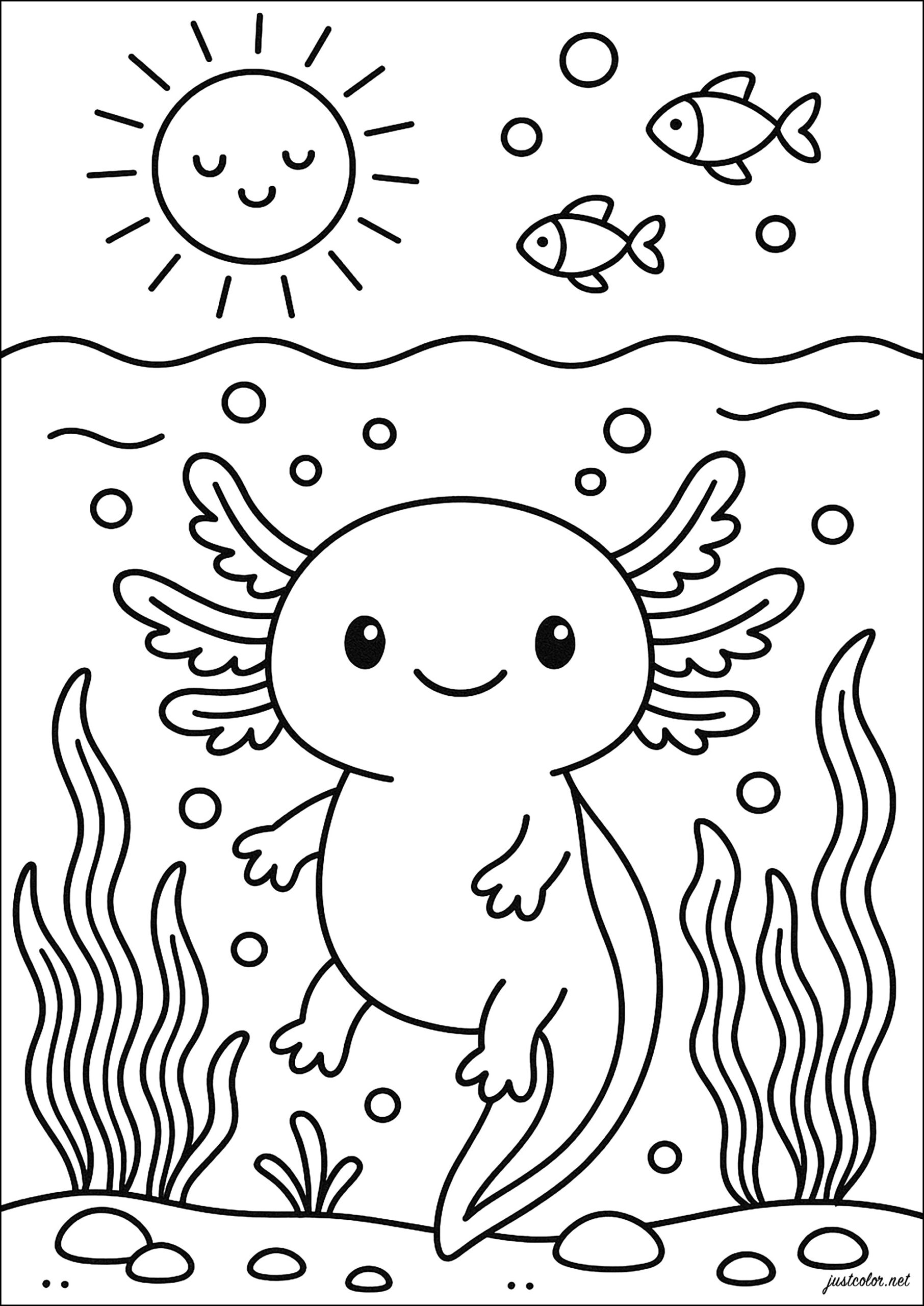 Underwater Adventure With A Cute Axolotl Axolotl Coloring Pages