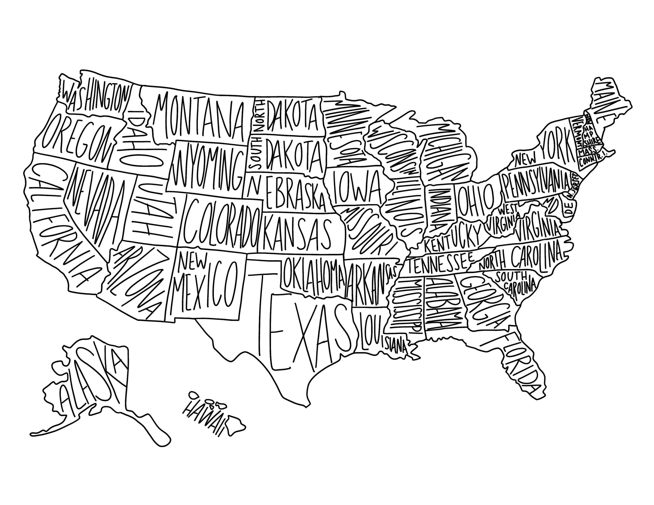 USA State Map Coloring Page United States Geography digital Download Etsy Norway
