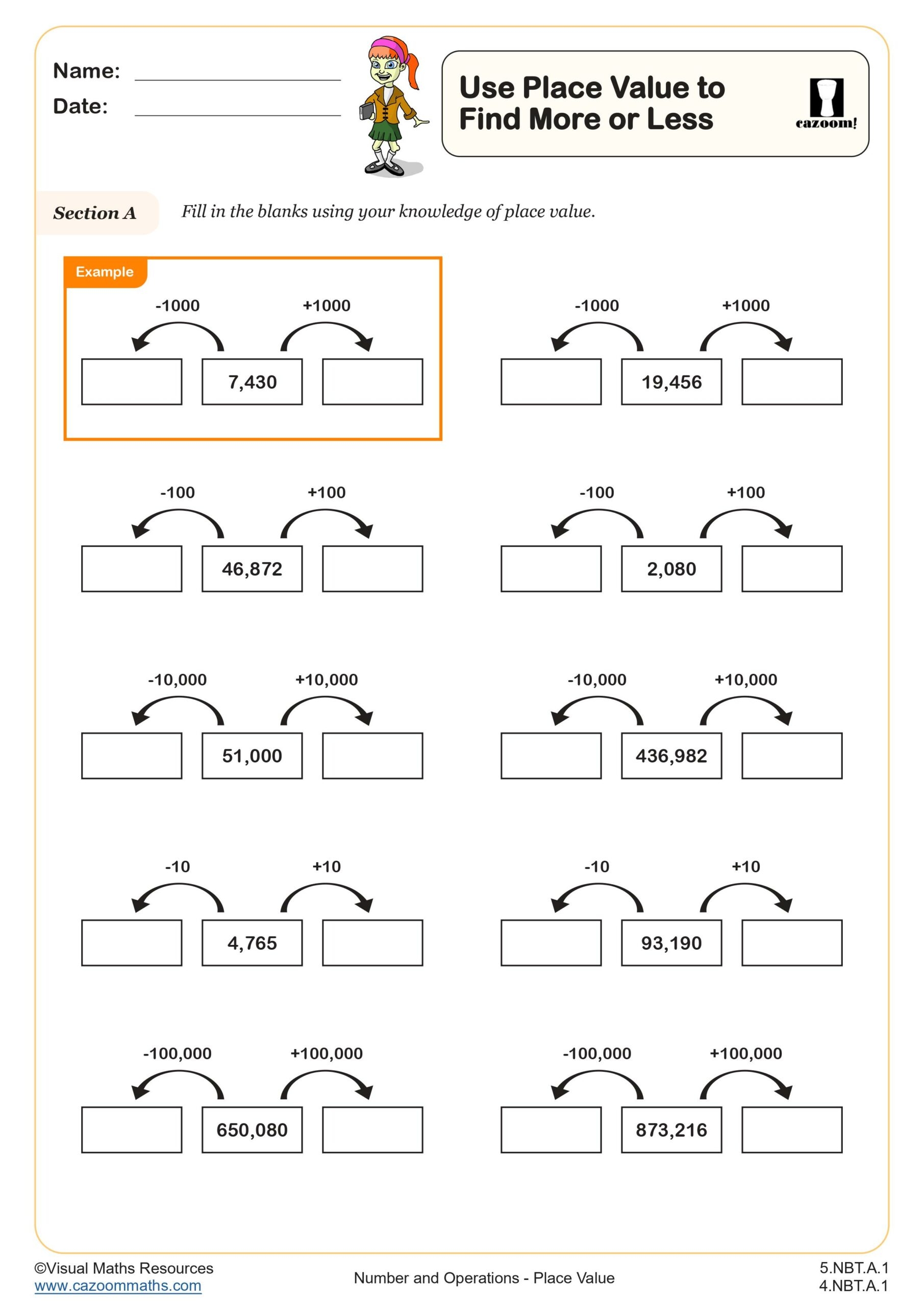 Use Place Value To Find More Or Less Worksheet Printable PDF 4th And 5th Grade Number Operations Worksheet Cazoom Math