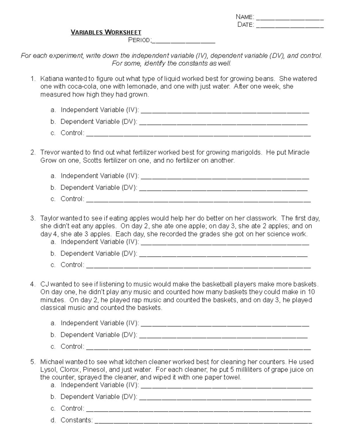 Variables Worksheet For Experiments IV DV Control Analysis Studocu