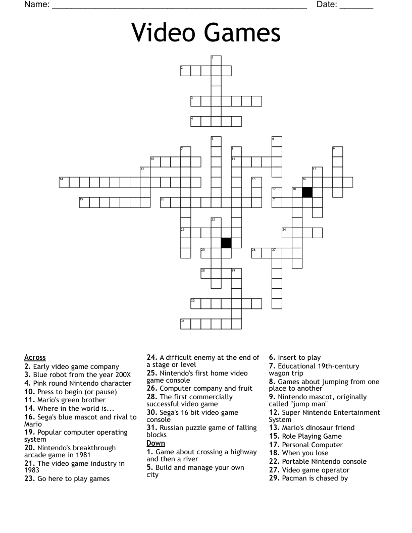 Video Games Crossword WordMint Video Games Crossword WordMint