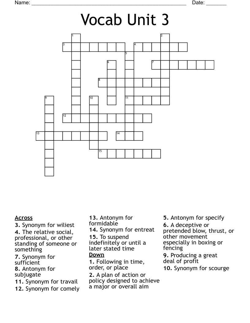 Vocab Unit 3 Crossword WordMint