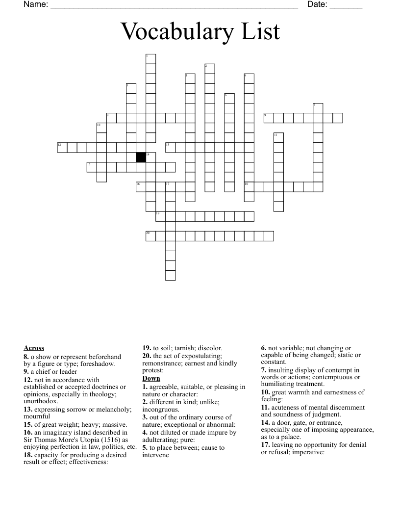Vocabulary List Crossword WordMint