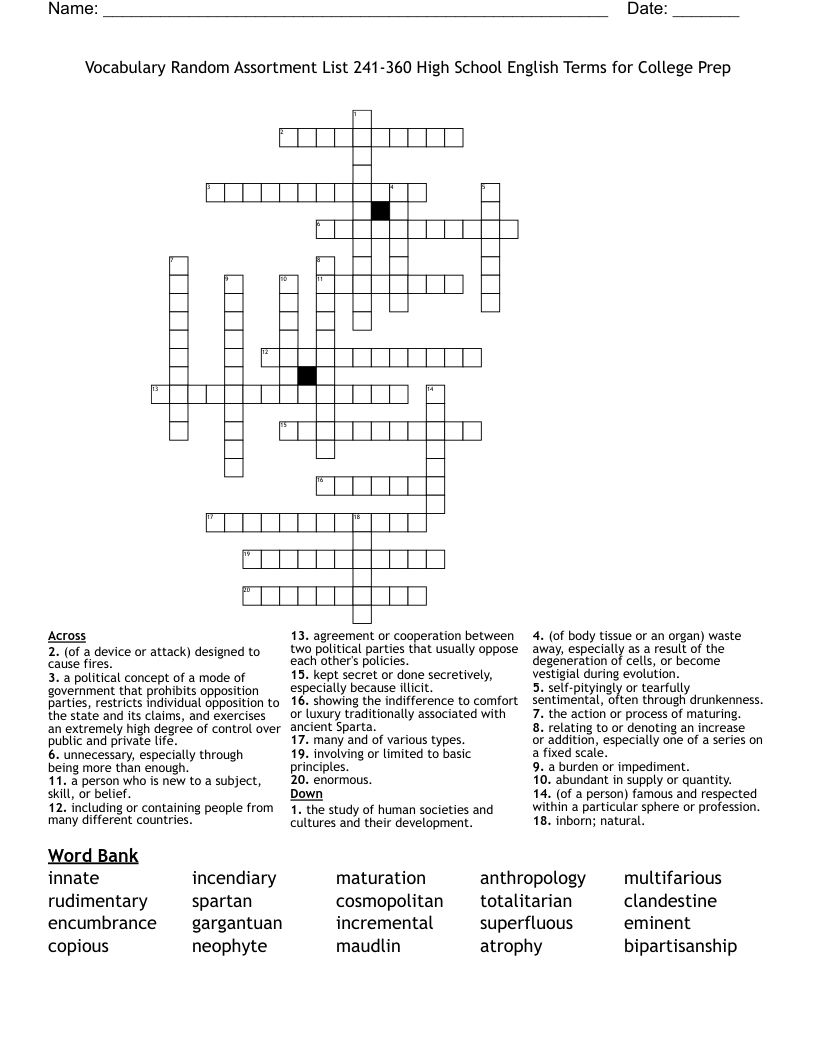 Vocabulary Random Assortment List 241 360 High School English Terms For College Prep Crossword WordMint